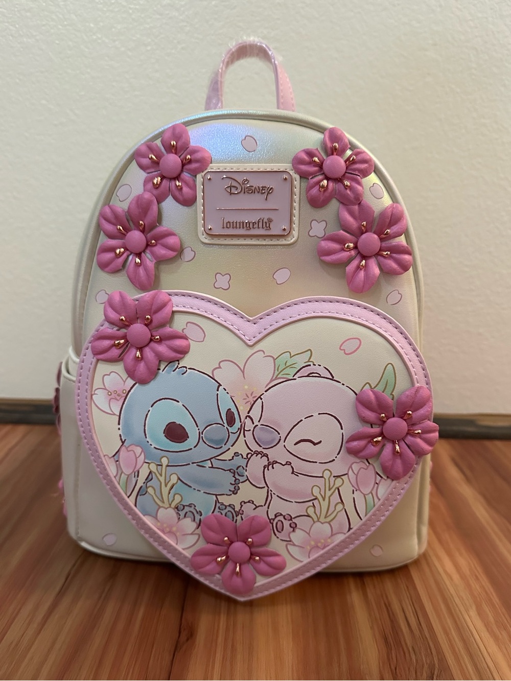 NWT Loungefly Disney Stitch & Angel cherry blossom iridescent backpack